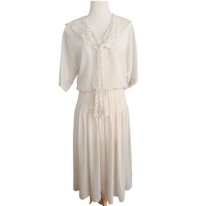 Vintage Starlo Lace Collar Prairie Dress Ivory Cottagecore Romantic USA 7-8